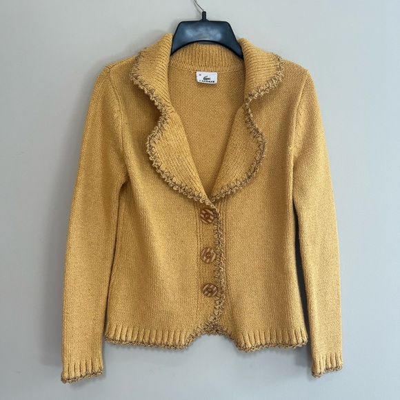 Lacoste Sweaters - Lacoste Hungarian Fray Fringe Linen Cotton Vintage Cardigan, Mustard Yellow, M